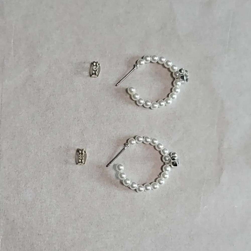 Disney Silver-Tone Mickey Mouse Rhinestone Faux Pearl Hoop Earrings